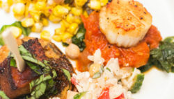 scallops, corn and pork belly skewer