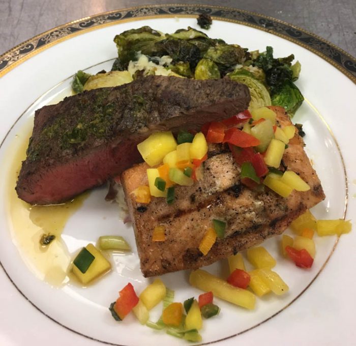 Grilled Salmon with Mango Salsa, Flat Iron Steak with Chimichurri, Flash Fried Brussel Sprouts with Pecorino Romano and Gouda Mashed Potatoes